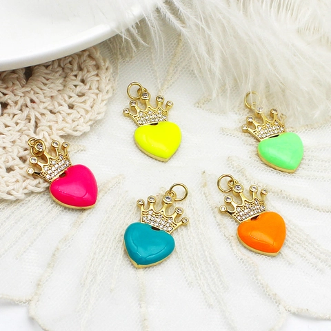 Heart Crown Pendant Jewelry Making Accessory 18K Gold Plated Brass Enamel Zirconia Charm For DIY Necklace Earring Jewelry