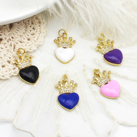 Heart Crown Pendant Jewelry Making Accessory 18K Gold Plated Brass Enamel Zirconia Charm For DIY Necklace Earring Jewelry