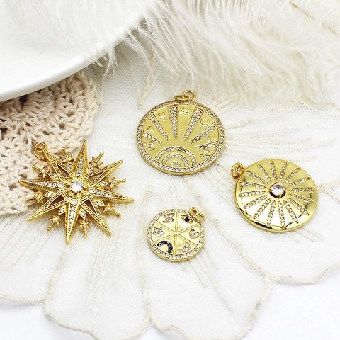Bohemian Copper 18K Gold Plated Rhinestone Celestial Pendants Sun Moon Star Compass Round Plate Charms For Jewelry Making