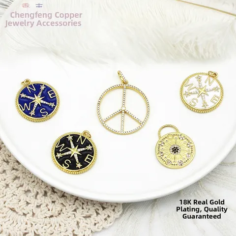 18K Verguld Messing Kompas Vredesteken Hanger Micro Strass Zon Maan Ronde Munt Sieraden Maken DIY Accessoire