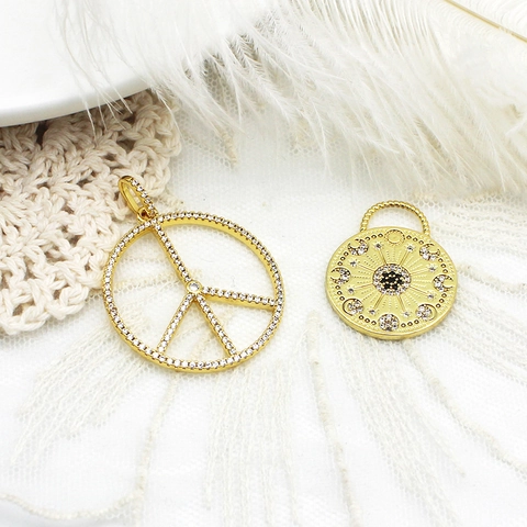 18K Verguld Messing Kompas Vredesteken Hanger Micro Strass Zon Maan Ronde Munt Sieraden Maken DIY Accessoire
