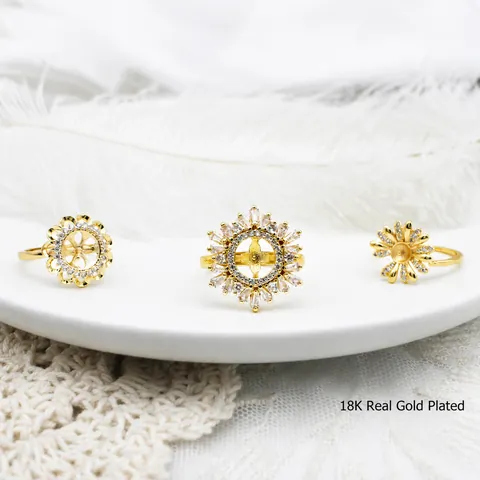 18K Gold Plated Copper DIY Adjustable Ring Settings Micro Pave Rhinestone Snowflake Flower Daisy Ring Base Jewelry Components