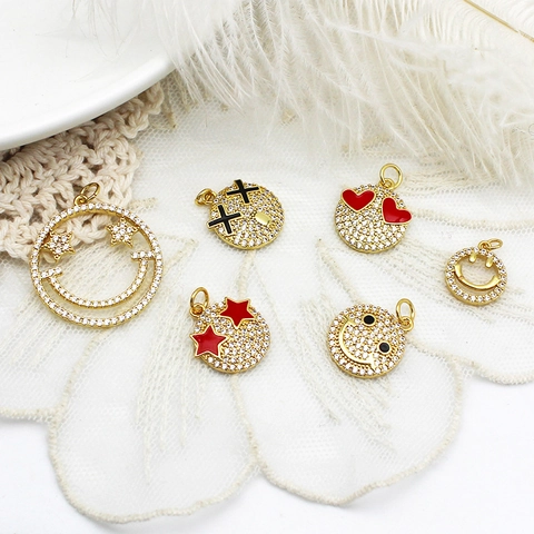 Smiley Face Pendant Charm Copper 18K Gold Plated Zirconia Micro Pave Star Heart Pattern DIY Jewelry Making Pendant Only