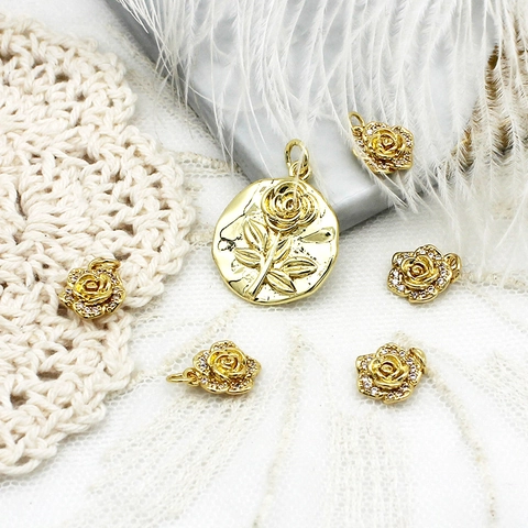 18K Gold Plated Copper Rose Flower Round Plate Pendant Key Charm With Rhinestone For DIY Necklace Bracelet Jewelry Making Accessories
