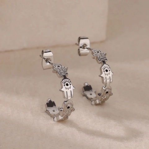 Pendientes de Botón en Forma de C Mano de Fátima Mal de Ojo para Mujer Acero Inoxidable Chapado en Oro Plata Joyería Talismán