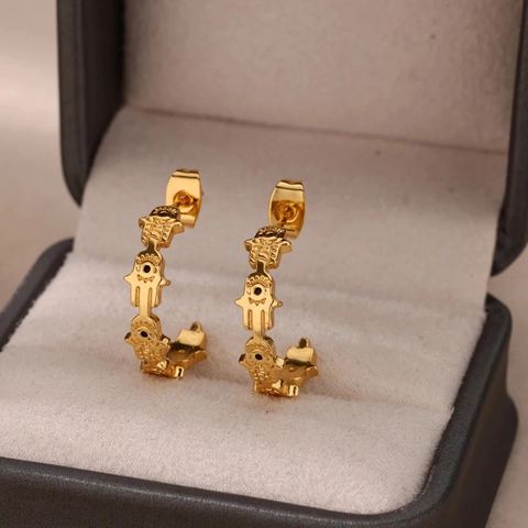 Pendientes de Botón en Forma de C Mano de Fátima Mal de Ojo para Mujer Acero Inoxidable Chapado en Oro Plata Joyería Talismán