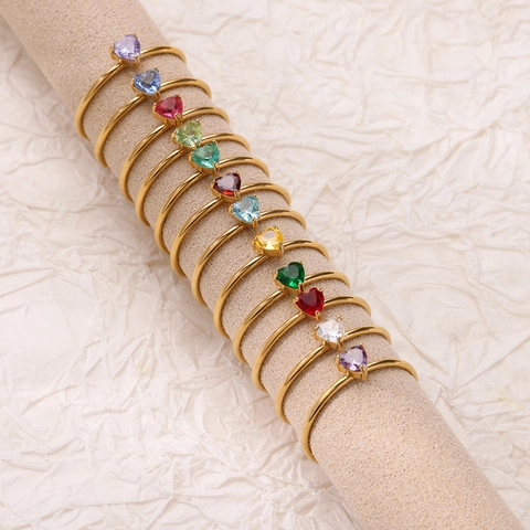 Minimalist Stainless Steel Colorful Rhinestone Heart Rectangular Birthstone Adjustable Open Ring For Women Jewelry Gift