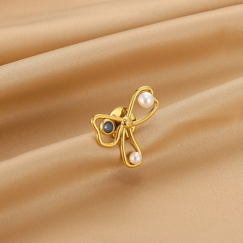 Stainless Steel Gold Plated Bowknot Brooch With Artificial Pearl Zircon Elegant Cute Breastpin Women Fashion Jewelry Decor