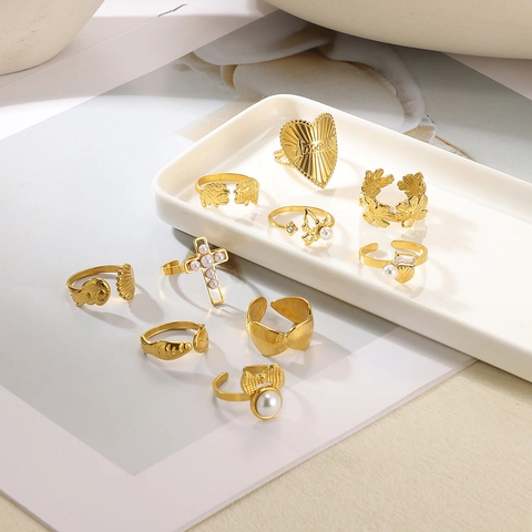 Stainless Steel Faux Artificial Pearl Heart Cross Bowknot Open Ring For Women Vintage Gold Zirconia Adjustable Fashion Finger Jewelry