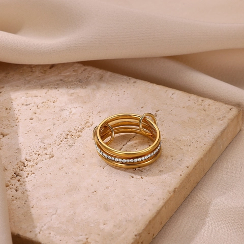 Stainless Steel Layered Linked Band Ring Gold Silver Two-tone Rhinestone Frosted Inlaid Niche Design Finger Ring For Women Jewelry