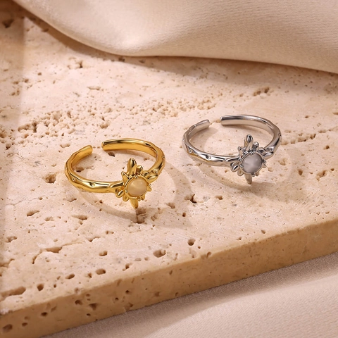 Vintage Gold Plated Copper Open Ring For Women Unique Design Opal Star Sunburst Heart Cross Zirconia Adjustable Finger Ring Jewelry Gift