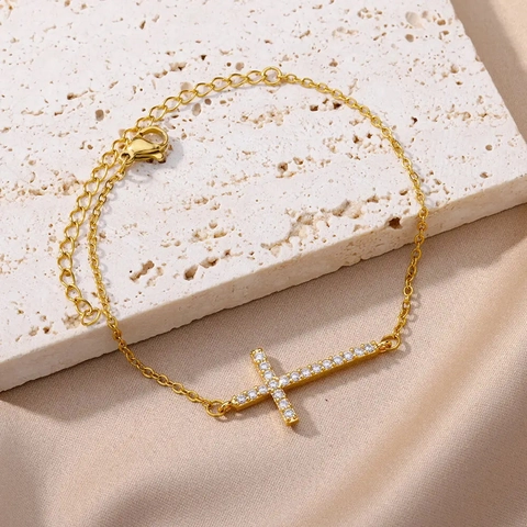 Minimalist Stainless Steel Cross Bracelet Rhinestone Inlaid Gold Silver Plated Religious Jewelry For Women Men Gift