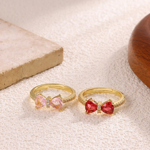 Copper 18K Gold Plated Rhinestone Bow Knot Butterfly Heart Wing Adjustable Open Ring Niche Design Fashion Jewelry For Women