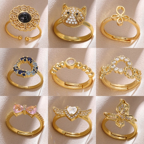 Copper 18K Gold Plated Rhinestone Bow Knot Butterfly Heart Wing Adjustable Open Ring Niche Design Fashion Jewelry For Women