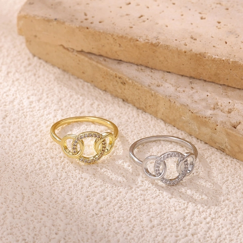 Minimalist Copper Gold Plated Wave Double Zirconia Ring Elegant Interlocking Triple Ring Bowknot Open Ring For Women Jewelry