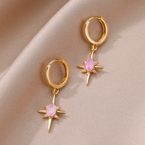 Vintage Light Luxury Octagonal Star Rhinestone Dangle Earrings For Women Gold Plated Brass North Star Hoop Earrings Jewelry
