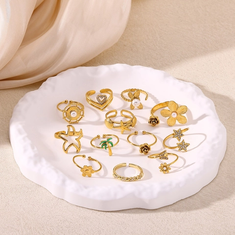 304 Stainless Steel Open Rings For Women Gold Plated Geometric Heart Flower Star Artificial Pearl Rhinestone Adjustable Ring Jewelry
