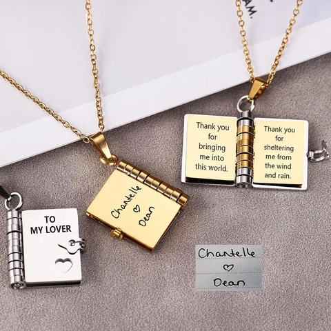 Creative Stainless Steel Book Pendant Necklace Engraved Heart Love Letter Locket Necklace For Women Jewelry Anniversary Gift