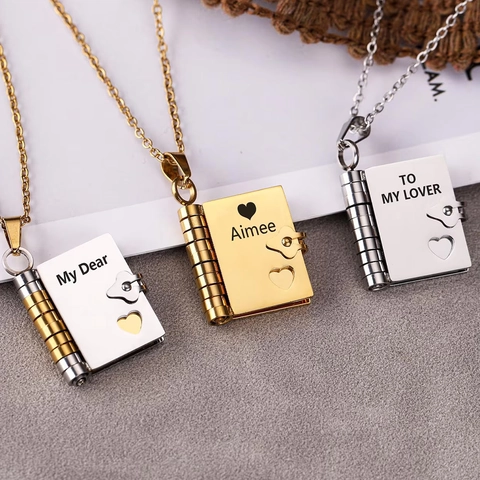 Creative Stainless Steel Book Pendant Necklace Engraved Heart Love Letter Locket Necklace For Women Jewelry Anniversary Gift