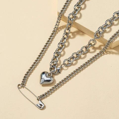 Fashion Punk Double Layer Alloy Heart Pendant Necklace With Safety Pin Decor Gold Silver Layered Chain Jewelry For Women