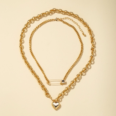 Fashion Punk Double Layer Alloy Heart Pendant Necklace With Safety Pin Decor Gold Silver Layered Chain Jewelry For Women