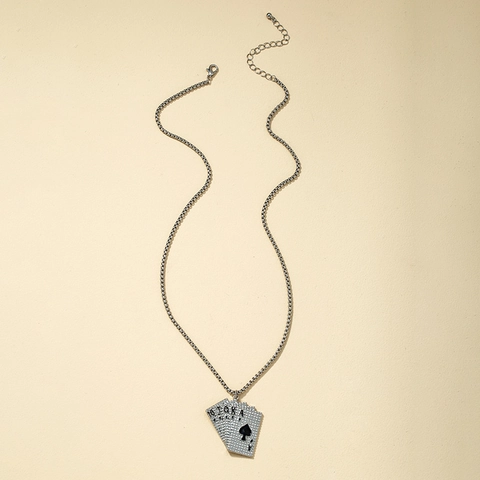Fashion Alloy Rhinestone Poker Card Pendant Necklace Royal Flush Spade Long Chain Sweater Necklace For Women Men Jewelry