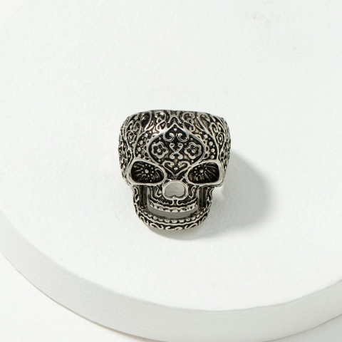 Vintage Gotisch Schedel Ring Legering Gesneden Bloem Ring Mexicaanse Calavera Stijl Punk Hip Hop Sieraden Voor Unisex