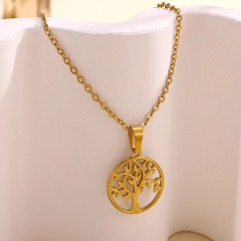 Vintage 18K Gold Plated Stainless Steel Tree Of Life Flower Leaf Cross Pendant Necklace For Women Trendy Jewelry Gift