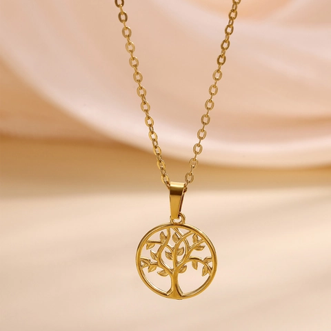 Vintage 18K Gold Plated Stainless Steel Tree Of Life Flower Leaf Cross Pendant Necklace For Women Trendy Jewelry Gift