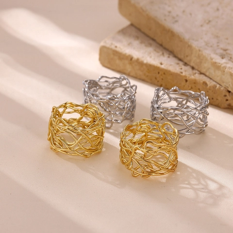Stainless Steel Irregular Hollow Woven Line Rings For Women Geometric Heart Wide Band Gold Silver Plated Fashion Jewelry