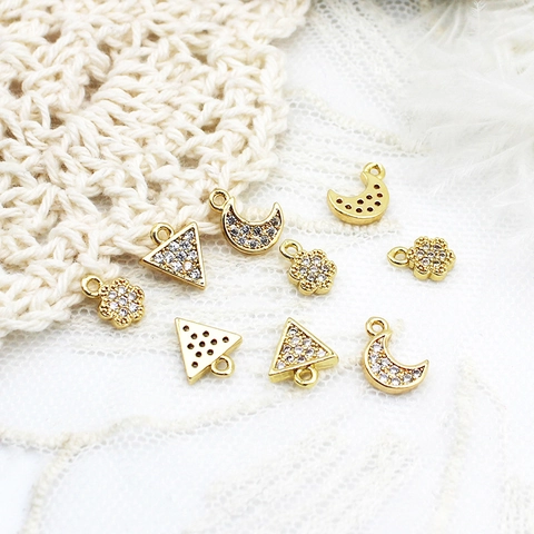 Copper Gold Plated Micro Pave Rhinestone Moon Flower Triangle Charms For DIY Jewelry Making Necklace Bracelet Accessory