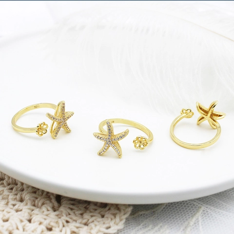 Anillo Abierto Ajustable de Cobre Chapado en Oro de 18K con Estrella de Mar y Flor para Mujer Accesorio de Bricolaje Joyería Strass