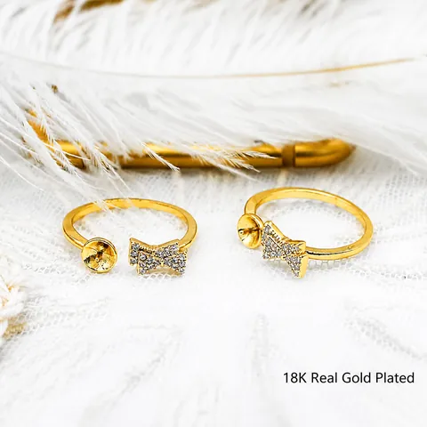 18K Gold Plated Copper Bowknot Vertical Bar Ring Base With Zirconia Micro-Pave Adjustable Open Ring Setting For DIY Jewelry