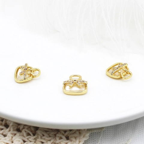 18K Gold Plated Copper Mini Handbag Pendant With Mother Of Artificial Pearl And Rhinestone Bowknot For DIY Jewelry Making Women