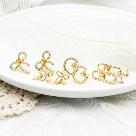18K Gold Plated Copper Stud Earrings With 925 Sterling Silver Post DIY Flower Bowknot Rhinestone Earring Findings Jewelry Making Accessories