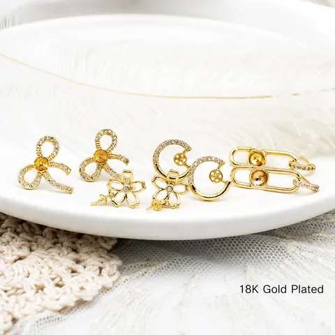 18K Gold Plated Copper Stud Earrings With 925 Sterling Silver Post DIY Flower Bowknot Rhinestone Earring Findings Jewelry Making Accessories