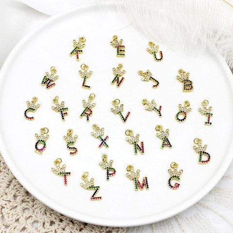 18K Gold Plated Copper Crown Letter Pendant Micro Inlaid Colorful Zircon Alphabet Charms For DIY Necklace Bracelet Making