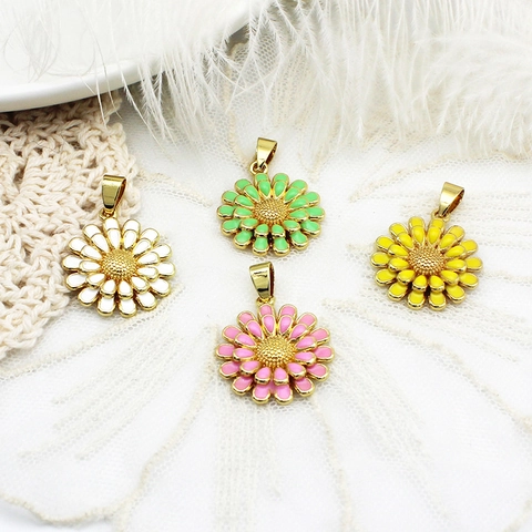 Kupfer 18K Vergoldet Gänseblümchen Anhänger Für DIY Schmuckherstellung Bunte Emaille Tropföl Blumen Halskette Bastelzubehör