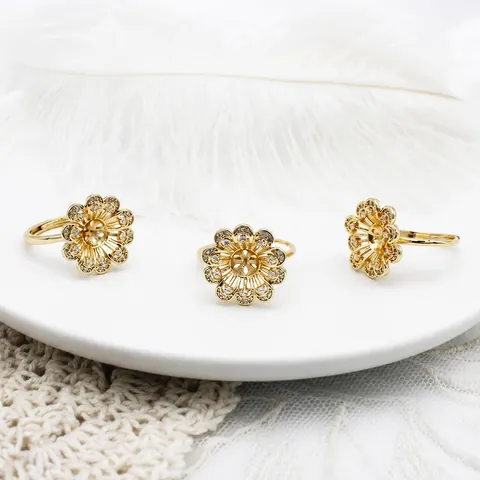 DIY Sonnenblume Ringfassung Kupfer 18K Gold Beschichtet Mikro-Pave Zirkonia Für Künstliche Perlen Stein Schmuckherstellung Zubehör