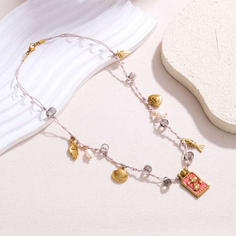 Boho Handgewebte Kordel Halskette 304 Edelstahl Fisch Anhänger Künstliche Perle Strass Charms Ethnisch Schmuck Für Damen