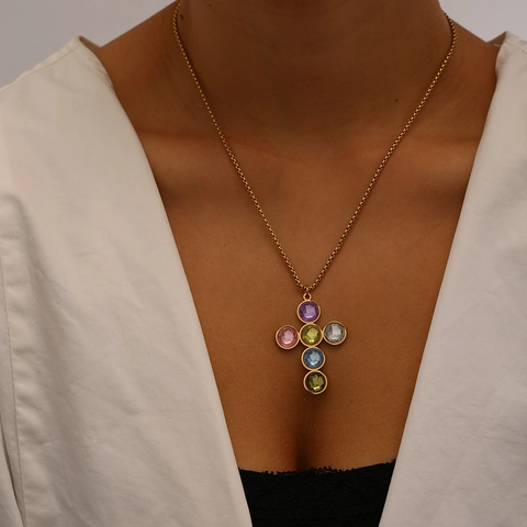 Edelstahl Mehrfarbiges Strass Kreuz Anhänger Halskette Und Ohrringe Set 18K Vergoldet Mode Schmuck Für Damen