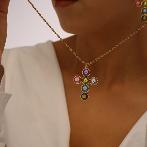 Edelstahl Mehrfarbiges Strass Kreuz Anhänger Halskette Und Ohrringe Set 18K Vergoldet Mode Schmuck Für Damen