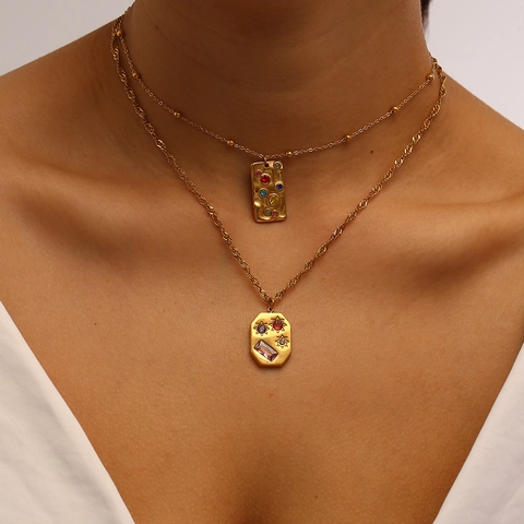 Edelstahl Bunte Strass Geometrische Anhänger Halskette Gehämmerte 18K Vergoldete Vintage Schmuck Für Damen