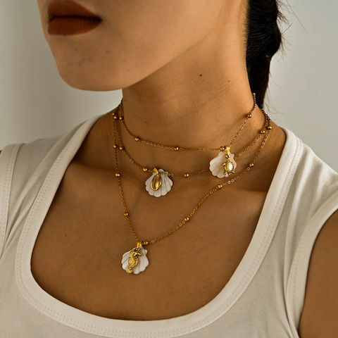 Edelstahl Muschel Anhänger Halskette Für Damen Ozean Stil Seestern Seepferdchen Delfin Charms Gold Vergoldet Perlenkette Schmuck