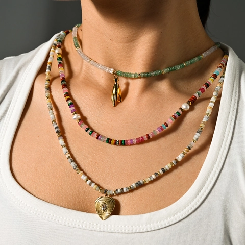 Handgemachte Naturstein Perlenkette Für Damen Edelstahl Vergoldet Herz Hamsa Hand Anhänger Bohemian Schmuck