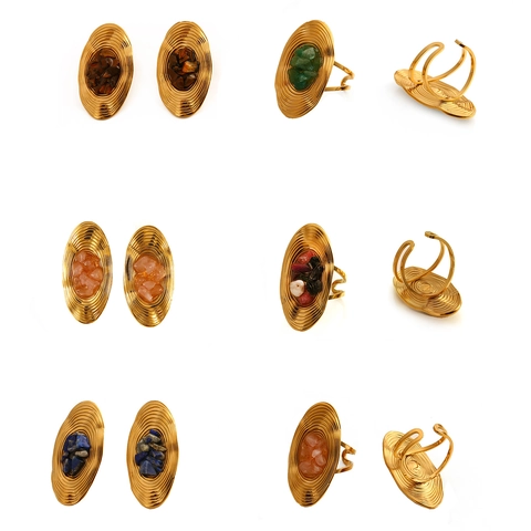 Vintage Edelstahl Naturstein Eingelegt Oval Welle Schmuckset Vergoldet Konzentrische Welle Ohrringe Verstellbarer Offener Ring