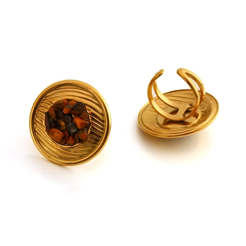 Vintage Stainless Steel Natural Stone Jewelry Set Round Textured Open Ring Stud Earrings Gold Bohemian Fashion For Women