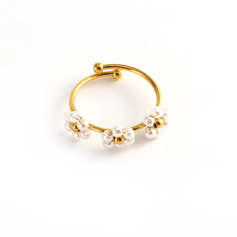 Damen Edelstahl Blume Perlen Offener Ring Minimalistisch Vergoldet Verstellbar Mode Schmuck Geschenk Fingerring