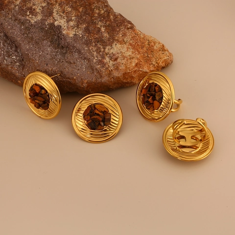 Vintage Stainless Steel Natural Stone Jewelry Set Round Textured Open Ring Stud Earrings Gold Bohemian Fashion For Women
