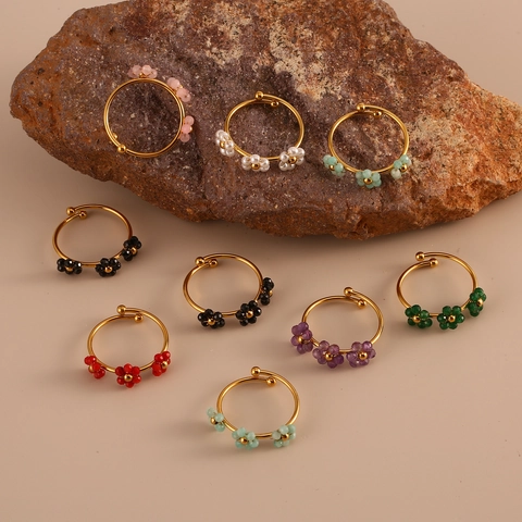 Damen Edelstahl Blume Perlen Offener Ring Minimalistisch Vergoldet Verstellbar Mode Schmuck Geschenk Fingerring